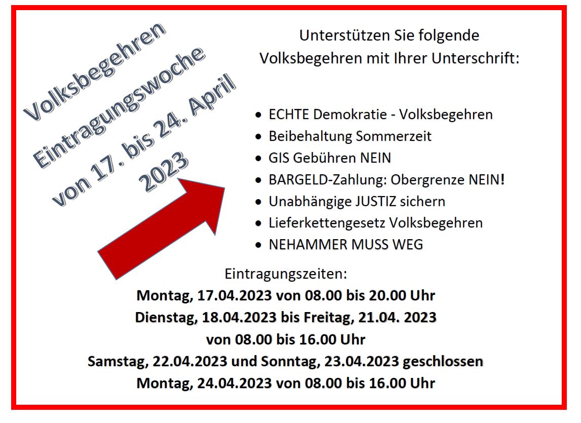 Volksbegehren Eintragungswoche 17. bis 24. April