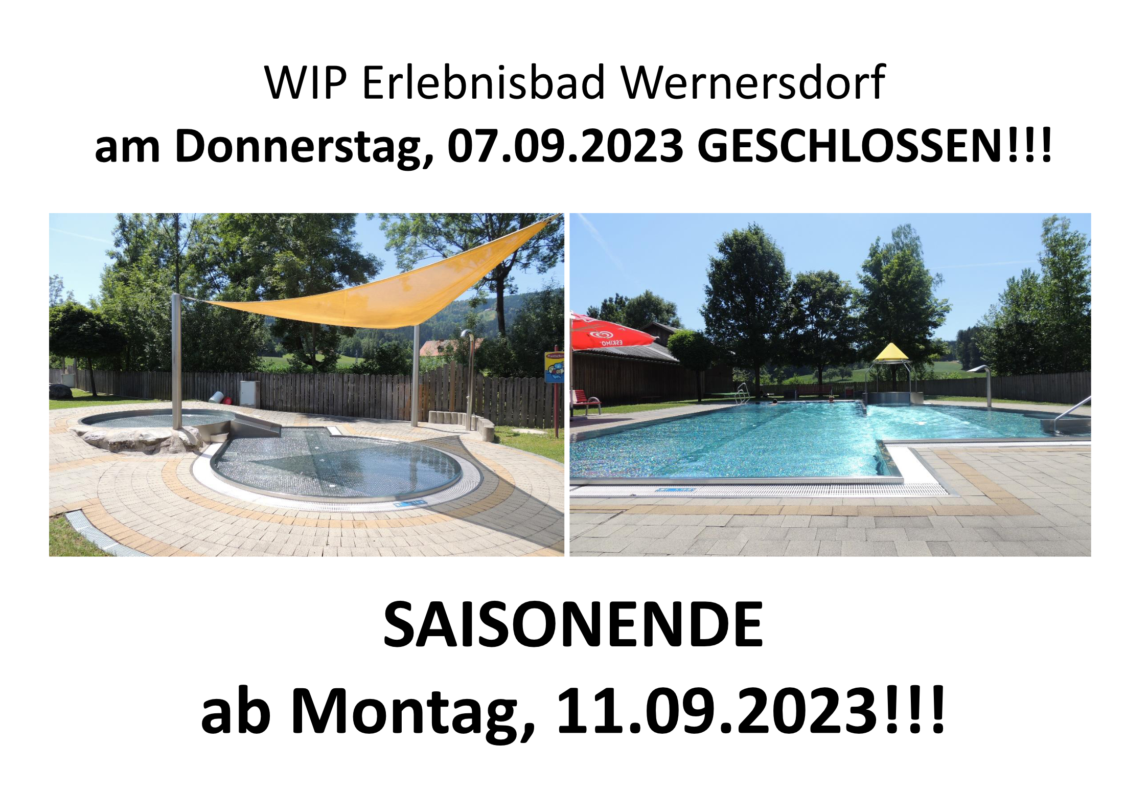 WIP Erlebnisbad Wernersdorf 07.09.2023 geschlossen und Saisonende ab 11.09.2023