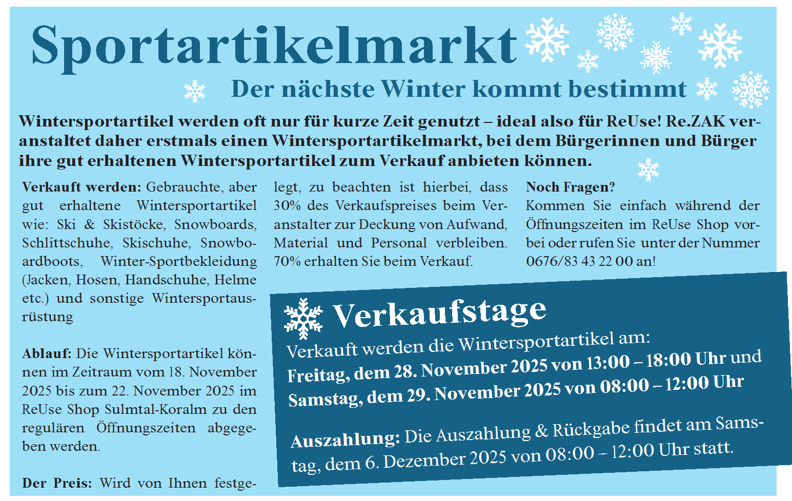 Sportartikelmarkt Winter Verkaufstage 28. und 29. November im ReUse Shop